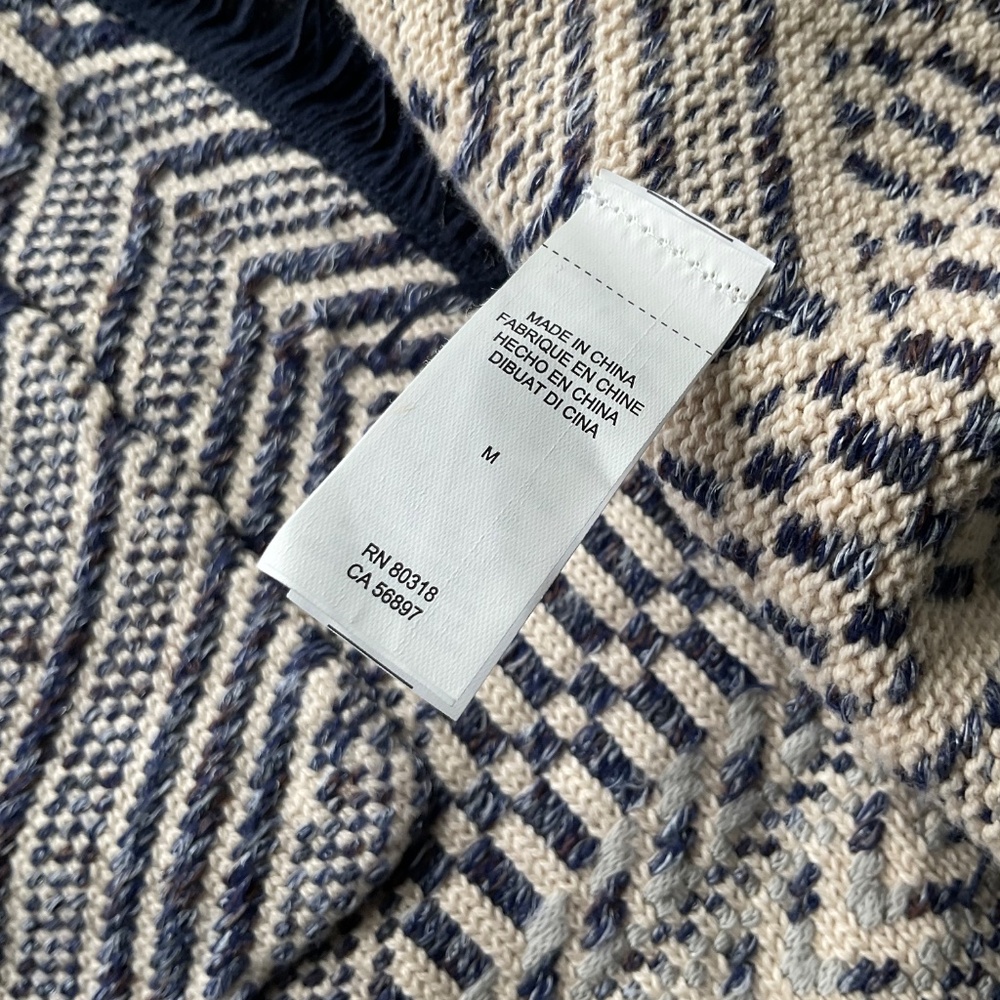 Lucky Brand Open Front Cardigan Women Medium Blue Cream Woven Fringe Aztec - Picture 7 of 16